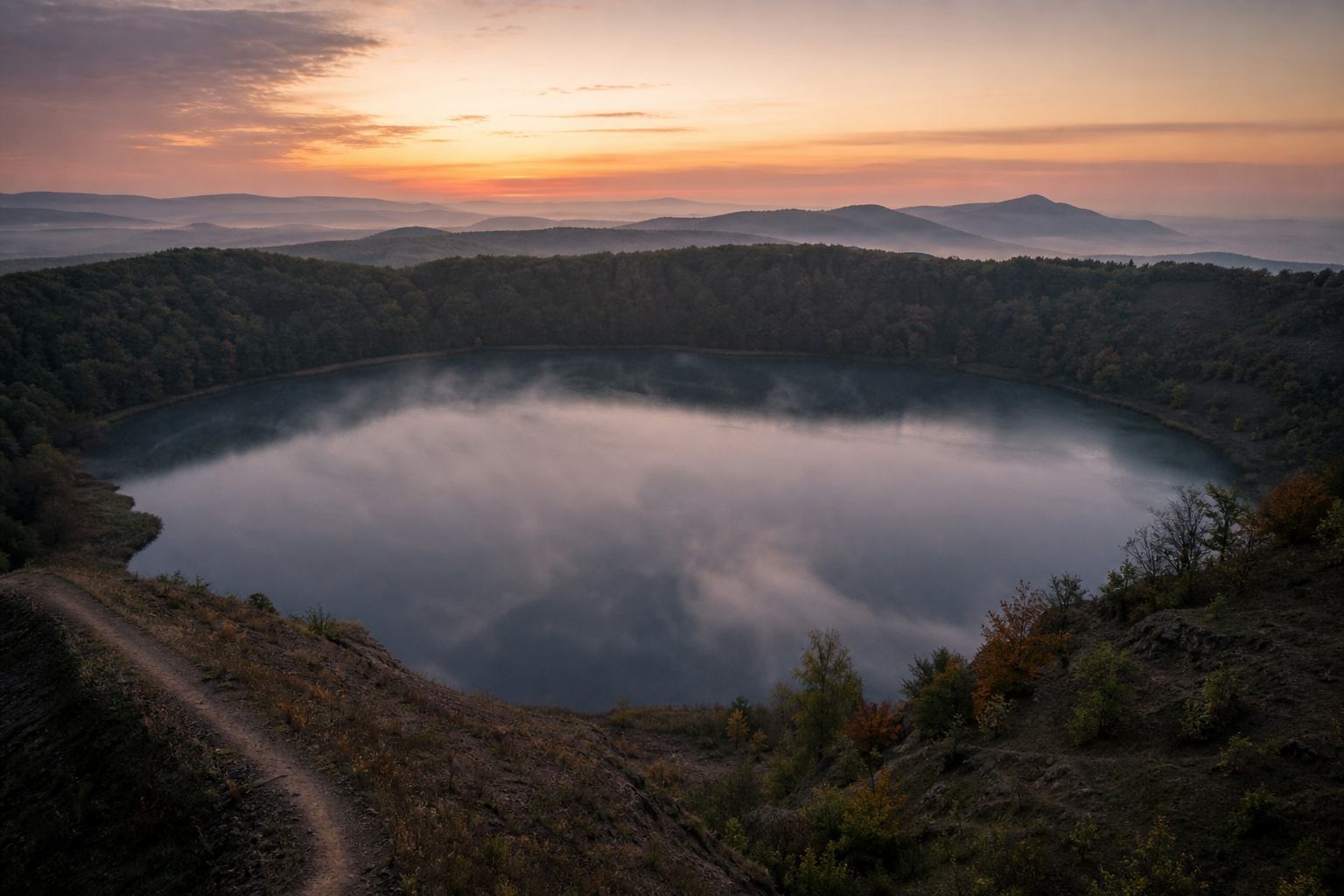 Früher Morgennebel über einem Kratersee in der Vulkaneifel
