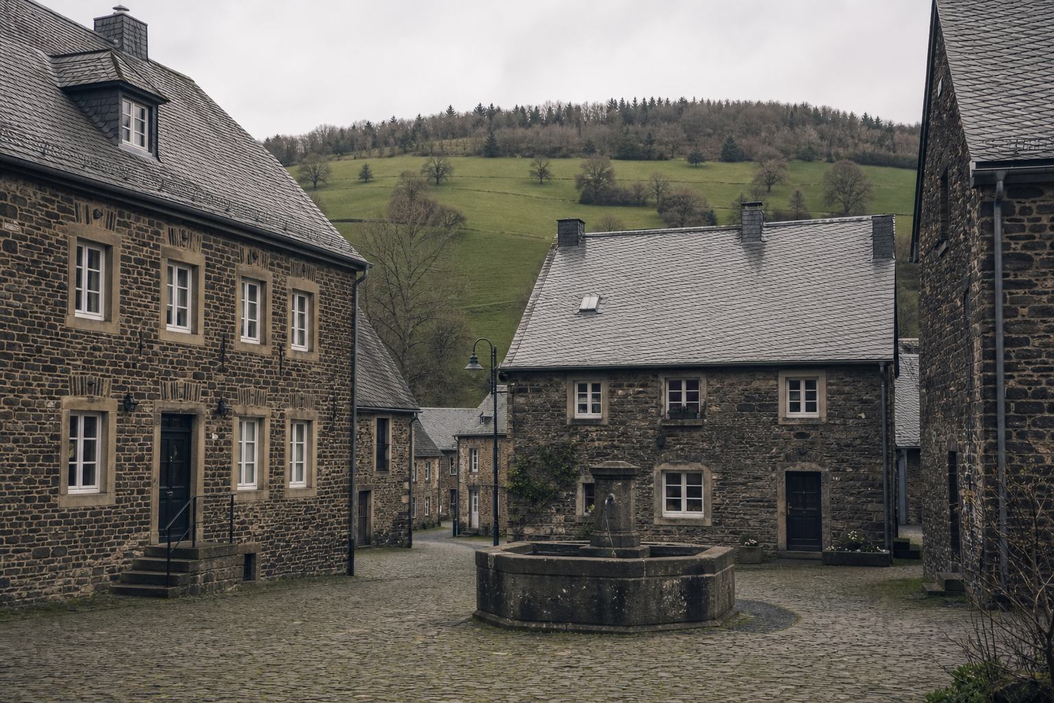 Steindorf in der Vulkaneifel mit Schieferdächern und Hügelblick